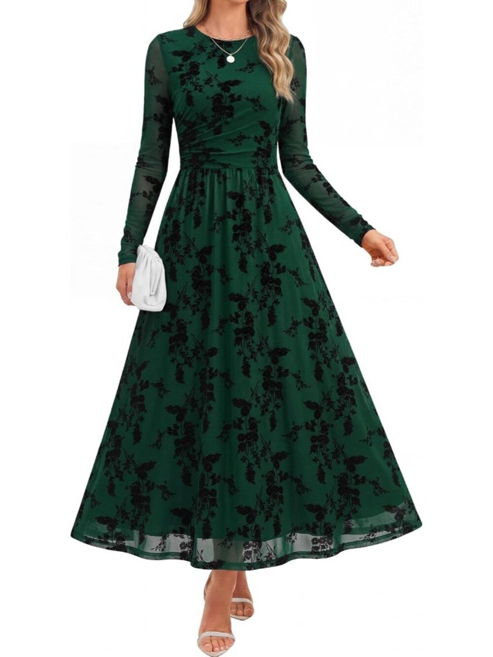Women's Black green Crewneck Maxi Long Sleeve Elegant Slimming Cocktail Dresses